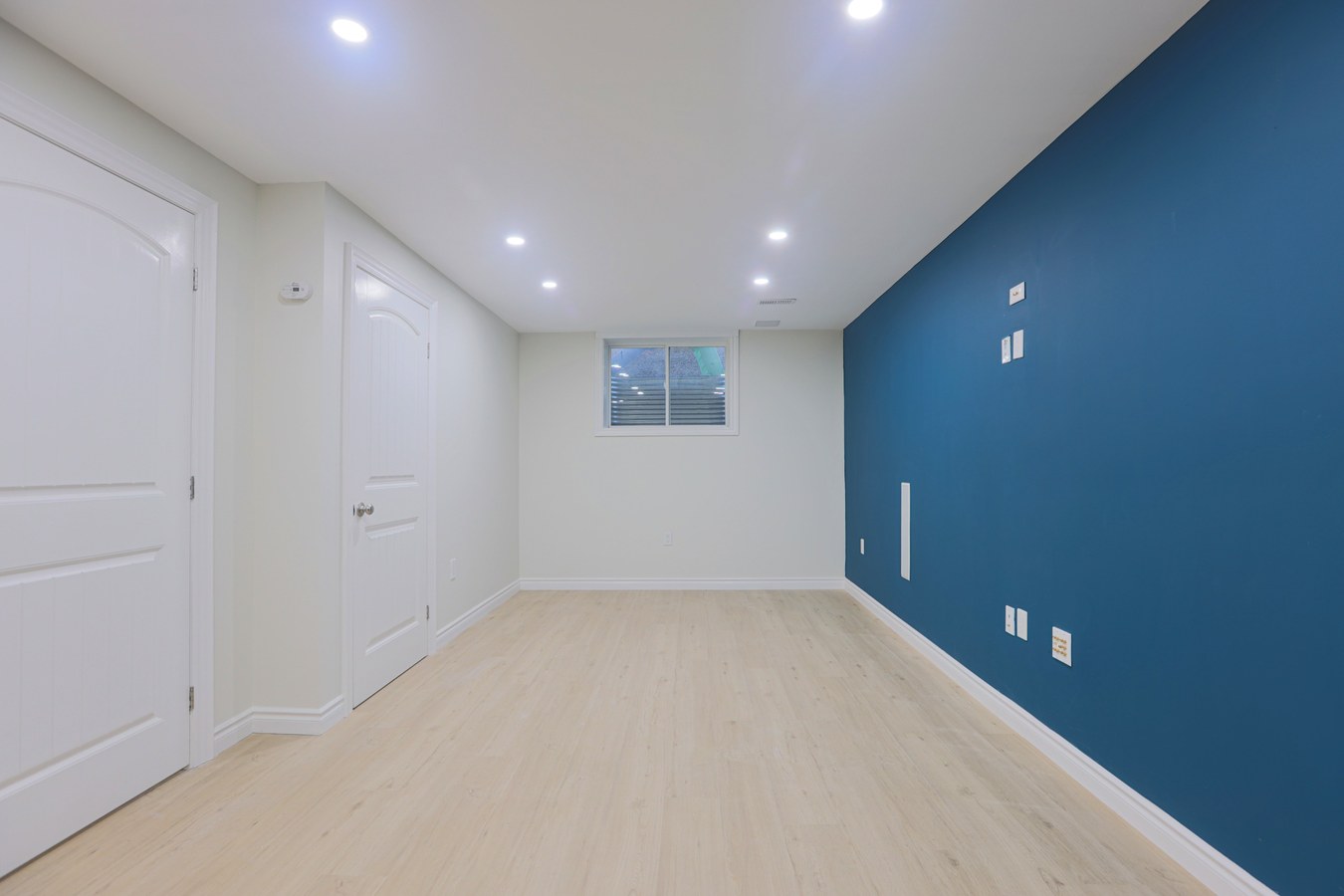 Basement renovation with navy feature wall and white panel doors